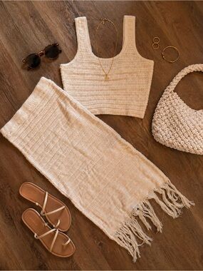 Freshman Cream Knit two piece set skirt/crop tank